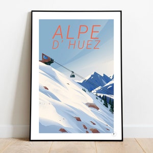 Puede incluir: Una ilustraci&oacute;n de estilo retro de una estaci&oacute;n de esqu&iacute; en los Alpes franceses. La imagen muestra un telesilla subiendo una monta&ntilde;a nevada con el texto "ALPE D'HUEZ" en naranja.