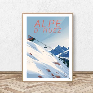 Puede incluir: Un cartel de viaje de estilo retro con una escena de monta&ntilde;a nevada con un remonte y el texto "ALPE D'HUEZ" en una fuente naranja en negrita.