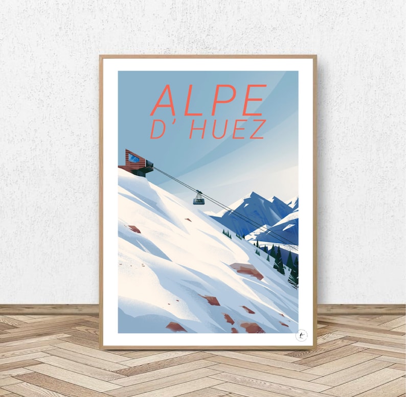 Puede incluir: Un cartel de viaje de estilo retro con una escena de monta&ntilde;a nevada con un remonte y el texto "ALPE D'HUEZ" en una fuente naranja en negrita.