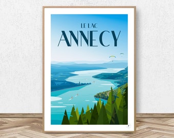 Affiche Annecy - Le Lac d'Annecy // Illustration Vintage - Décoration - Travel poster - Affiche Alpine