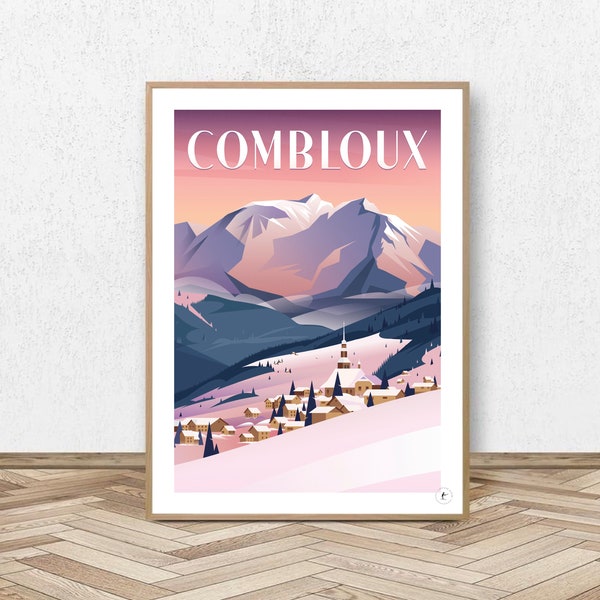 Affiche Combloux - Mont Blanc // Illustration Ski Vintage - Décoration - Travel poster - Affiche Alpine