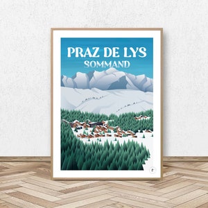 Könnte beinhalten: Ein Vintage-Reiseposter mit einer schneebedeckten Berglandschaft und einem Dorf, das sich in den Bäumen befindet. Das Poster trägt den Titel "Praz de Lys Sommand" in blauem und weißem Text.