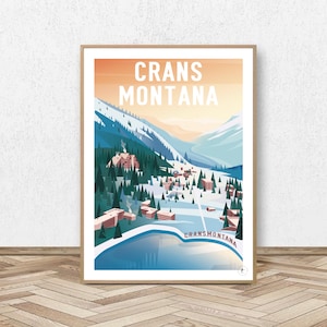 Cartel de Crans Montana - Cantón de Valais - Suiza // Ilustración de esquí de Crans-Montana - Cartel de viaje - Cartel alpino