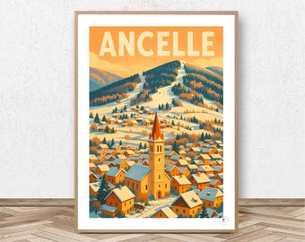 Ancelle Poster - Hautes-Alpes // Vintage Ski Illustration - Mountain Decoration - Travel Poster - Alpine Poster
