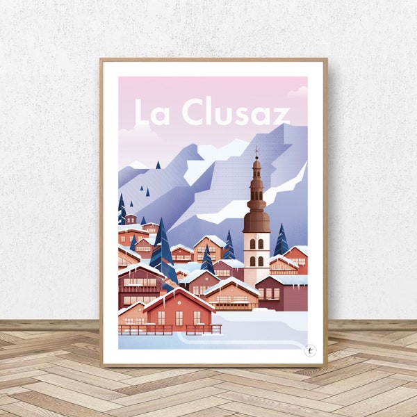 Affiche La Clusaz - Haute-Savoie // Illustration Vintage - Décoration - Travel poster - Affiche Alpine