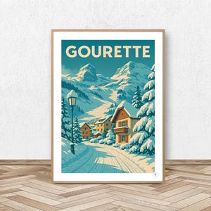 Cartel Gourette - Pirineos Atlánticos // Ilustración de esquí vintage - Decoración de montaña - Cartel de viaje - Cartel alpino