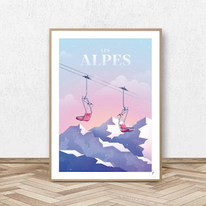 Poster The Alps - Mountain and Chalet // Vintage Poster - Alpine Poster