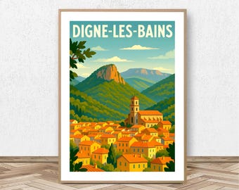 Digne-les-Bains Poster - Alpes-de-Haute-Provence // Vintage Ski Illustration - Mountain Decoration - Travel Poster - Alpine Poster