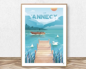 May include: A retro-style travel poster featuring a blue lake with mountains in the background. The poster says "Lac d'Annecy" and depicts a wooden jetty extending into the water with a swan swimming nearby.