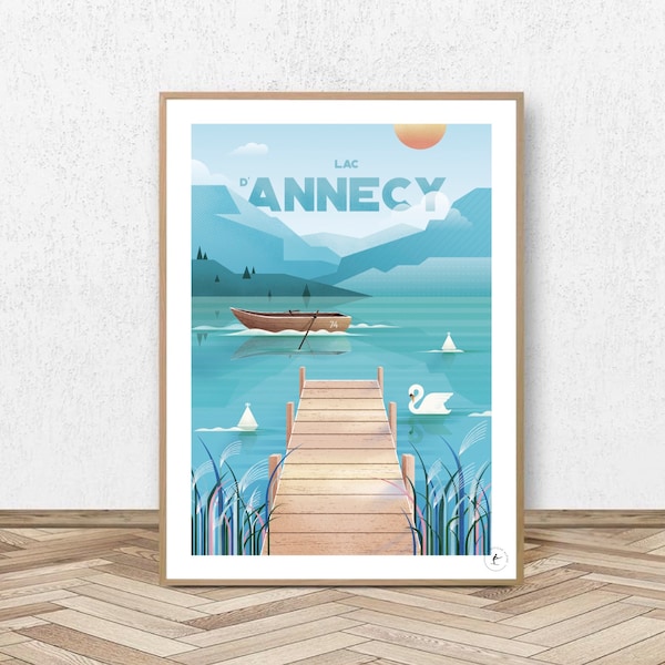 Affiche Annecy - Lac d'Annecy // Illustration Vintage - Décoration - Travel poster - Affiche Alpine