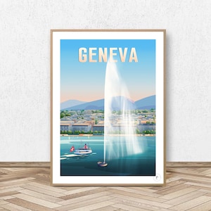 Cartel de Ginebra - Lago Lemán // Ilustración de viaje vintage - Decoración - Cartel de viaje - Cartel alpino