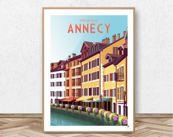 Poster Annecy - Cidade Velha // Ilustração Vintage - Decoração - Lago Annecy - Poster Alpino