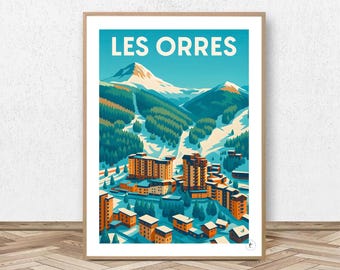 Les Orres Poster - Hautes-Alpes // Vintage Ski Illustration - Mountain Decoration - Travel Poster - Alpine Poster
