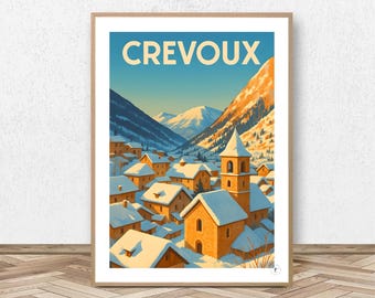 Crevoux Poster - Hautes-Alpes // Vintage Ski Illustration - Mountain Decoration - Travel Poster - Alpine Poster