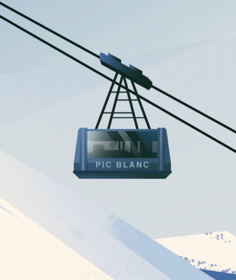 Puede incluir: Un telef&eacute;rico azul con las palabras "PIC BLANC" en la parte delantera, sobre un fondo de monta&ntilde;a blanca cubierta de nieve.