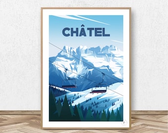 Châtel Poster - Dents du Midi // Vintage Ski Illustration - Mountain Decoration - Travel poster - Alpine Poster