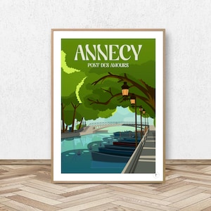 Annecy Poster - Pont des Amours // Vintage Illustration - Lake Annecy Poster - Haute Savoie