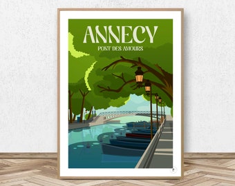 Annecy Poster - Pont des Amours // Vintage Illustration - Lake Annecy Poster - Haute Savoie
