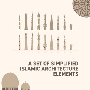 May include: A set of simplified Islamic architecture elements, featuring various minarets, domes, and other architectural details. The image includes a title: "A set of simplified Islamic architecture elements".