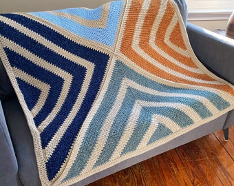 CROCHET BLANKET PATTERN - Four Triangles Moss Stitch Blanket | Advanced Beginner | Crochet Join | Video Tutorials | Stripes |Pdf