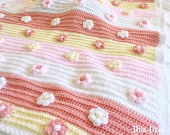 CROCHET BLANKET PATTERN - Blossoms Bloom Baby Blanket | Crochet Puff Stitch and Bobble Flowers | Heirloom Blanket | Baby Shower Gift | Pdf