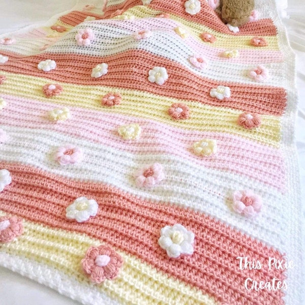 CROCHET BLANKET PATTERN - Blossoms Bloom Baby Blanket | Crochet Puff Stitch and Bobble Flowers | Heirloom Blanket | Baby Shower Gift | Pdf