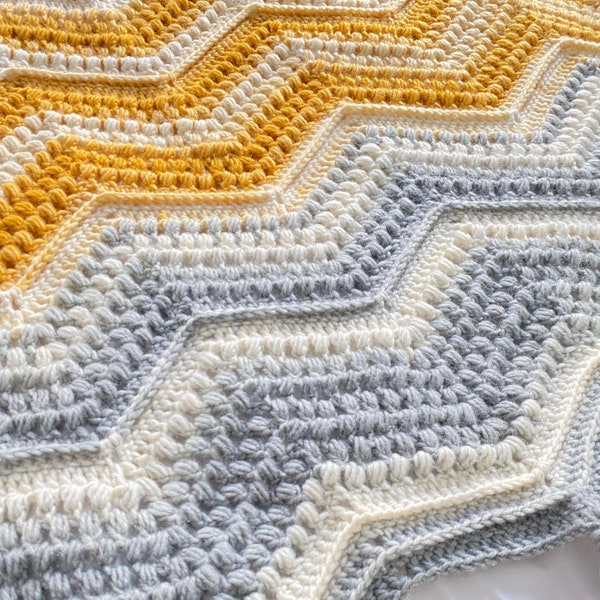 CROCHET BLANKET PATTERN - Chevron with a Twist Blanket | Puff Stitch Chevron Ripple Afghan | Customizable Size Instructions | Textured | Pdf