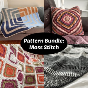 CROCHET PATTERN BUNDLE -  4 Crochet Moss Stitch Patterns | Colorful and Cozy Linen Stitch Pillow and Blankets | Pdf