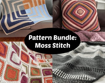 CROCHET PATTERN BUNDLE -  4 Crochet Moss Stitch Patterns | Colorful and Cozy Linen Stitch Pillow and Blankets | Pdf