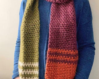 CROCHET SCARF PATTERN - Beginner Friendly Moss Stitch Striped Scarf | In the Books Stacks Scarf | Gender Neutral | Customizable Size | Pdf