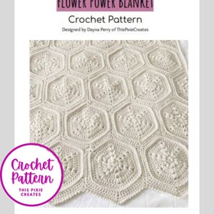 May include: Crochet pattern for a white flower power blanket. The pattern is designed by Dayna Perry of This Pixie Creates. The pattern contains affiliate links in the Materials Section. If you make a purchase through one of the affiliate links, the designer may receive a small commission, at no cost to you. Copyright This Pixie Creates.