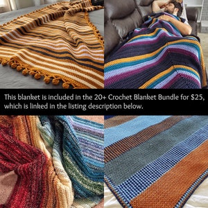 May include: A collage of four crocheted blankets in different color combinations. The blankets feature a striped pattern with alternating colors of blue, brown, orange, purple, and white. The blankets are made with a soft, textured yarn.