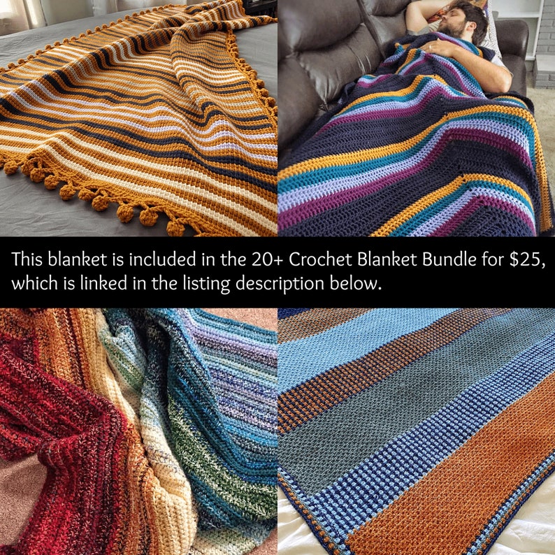 May include: A collage of four crocheted blankets in different color combinations. The blankets feature a striped pattern with alternating colors of blue, brown, orange, purple, and white. The blankets are made with a soft, textured yarn.