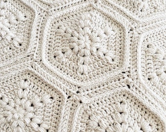 CROCHET BLANKET PATTERN - Flower Power Blanket | Crochet Puff Stitch Hexagon and Trapezoid Motif Blanket | Join as You Go Crochet | Pdf