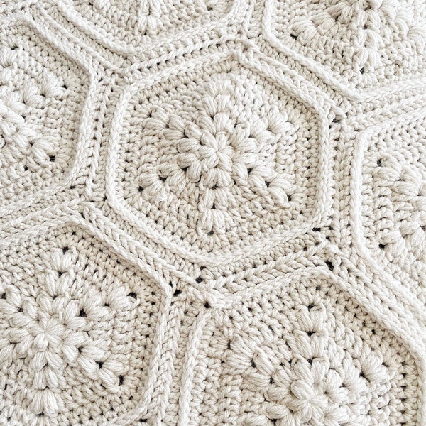 CROCHET BLANKET PATTERN - Flower Power Blanket | Crochet Puff Stitch Hexagon and Trapezoid Motif Blanket | Join as You Go Crochet | Pdf