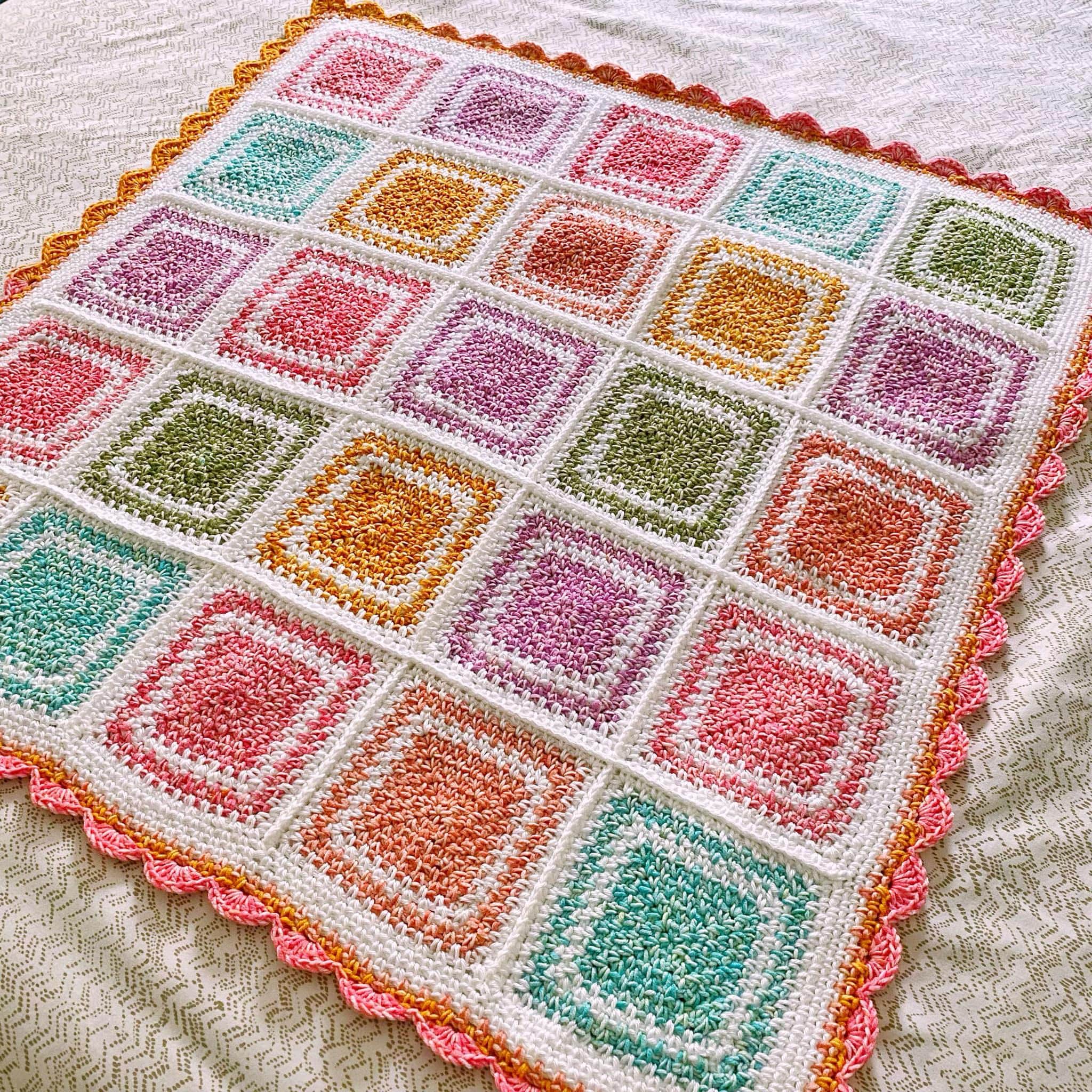 CROCHET BLANKET PATTERN - Cotton Candy Parade Blanket | Moss Stitch Granny Squares | Join as you Go | Rainbow Stripes | 7 Sizes | Pdf