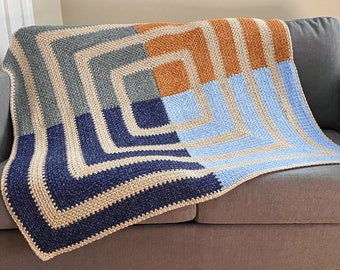 CROCHET BLANKET PATTERN - 4 Square Blanket | Moss Stitch Square | 4 Colour Block Striped Design | 8 Sizes | Pdf