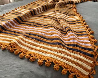 TUNISIAN CROCHET PATTERN - Wrapped in Stripes Blanket with Pom-Pom Border | Easy Beginner Tunisian Striped Blanket | 8 Sizes | Pdf