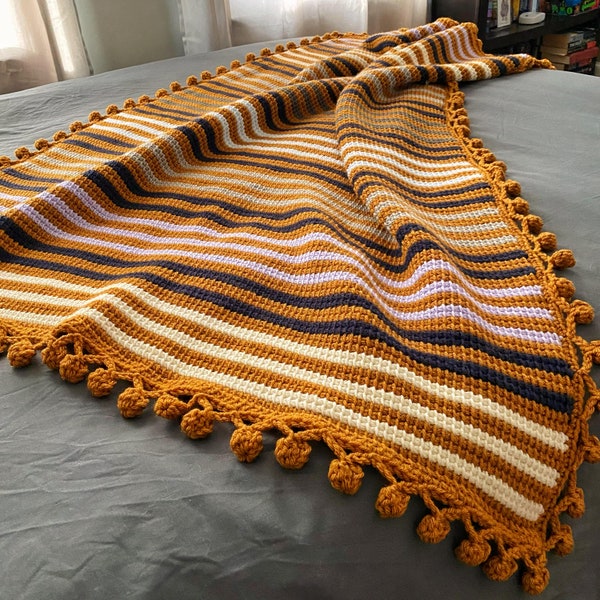 TUNISIAN CROCHET PATTERN - Wrapped in Stripes Blanket with Pom-Pom Border | Easy Beginner Tunisian Striped Blanket | 8 Sizes | Pdf