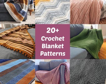 May include: A selection of crochet blankets in different colours and designs. The image features blankets in blue, brown, green, pink, and grey. The text "20+ Crochet Blanket Patterns" is displayed in the centre of the image.