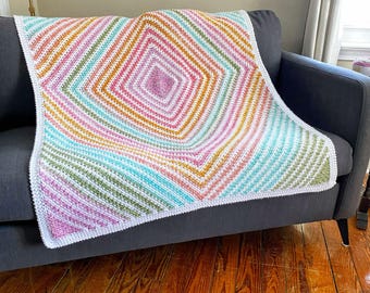 CROCHET BLANKET PATTERN - Hidden Gem Blanket | Intermediate | Moss Stitch Diamond Throw | Rainbow Stripes | 4 Sizes | Pdf