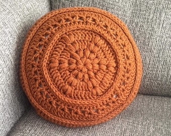 CROCHET PILLOW PATTERN - Flower Power Circular Pillow | 14" Round Pillow | Boho Crochet Puff Stitch Flower Center | Pdf