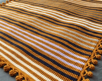 TUNISIAN CROCHET PATTERN - Easy Beginner Tunisian Striped Blanket | 8 Sizes | Pdf | Wrapped in Stripes Blanket with Pom-Pom Border