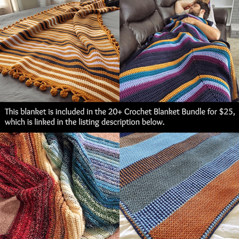 May include: A collage of four crocheted blankets in different color combinations. The blankets feature a striped pattern with alternating colors of blue, brown, orange, purple, and white. The blankets are made with a soft, textured yarn.