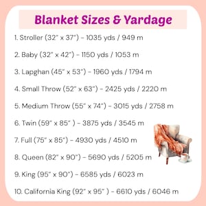 May include: A chart with a list of blanket sizes and their corresponding yardage in yards and meters. The chart includes sizes like stroller, baby, lapghan, small throw, medium throw, twin, full, queen, king, and California king. The chart is on a pink background with a cartoon illustration of a cozy armchair with a blanket and a cup of tea.