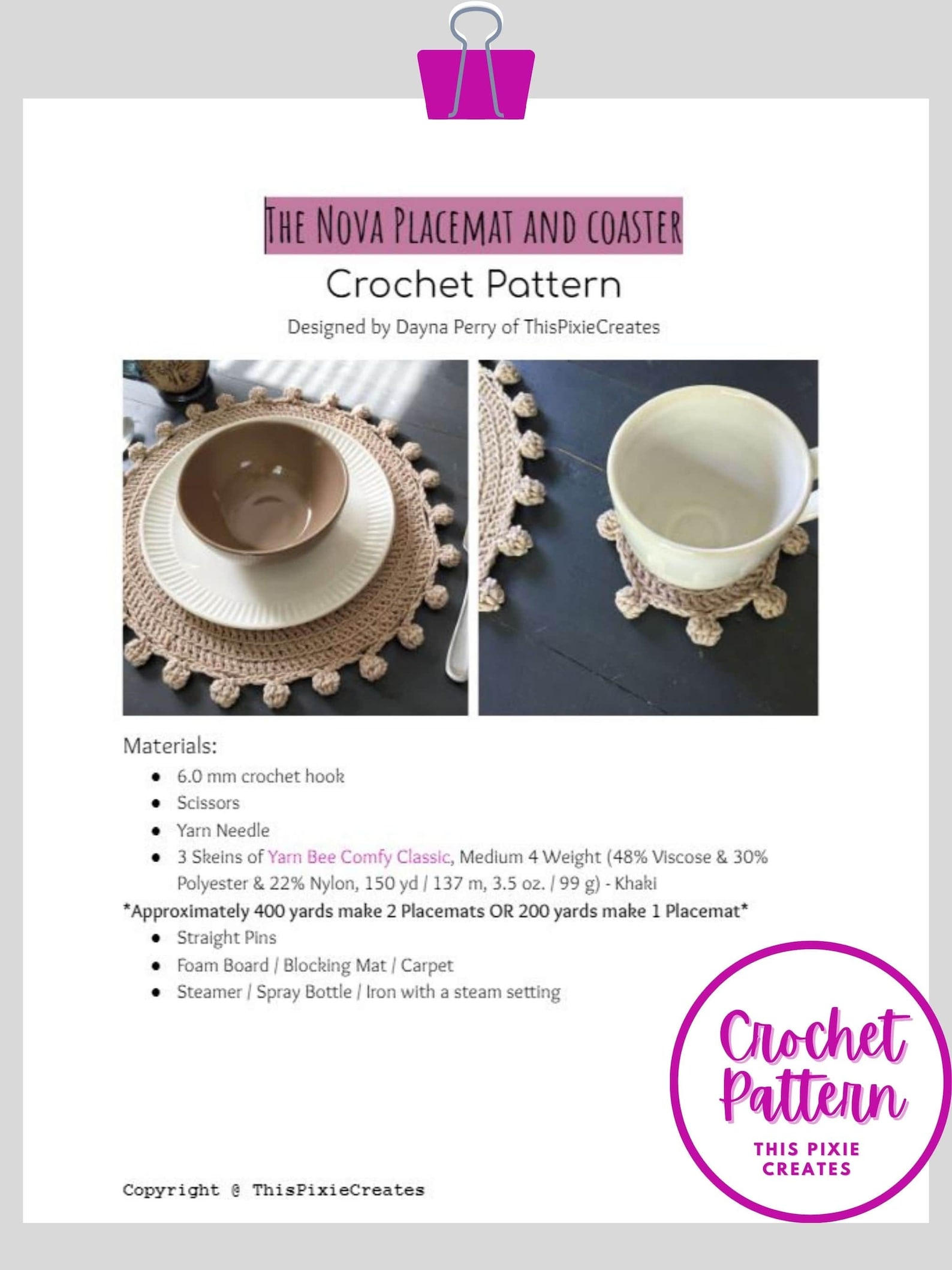 CROCHET PLACEMAT PATTERN Nova Placemat and Coaster Pattern Etsy