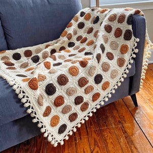 CROCHET PATTERN PDF - Polka Dottie Blanket | Join as You Go Small Circle Granny Square Crochet Blanket with Pom-Pom Border