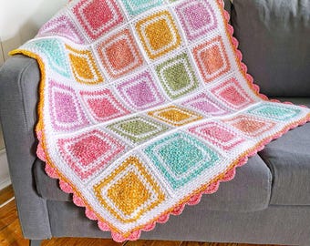 CROCHET BLANKET PATTERN - Cotton Candy Parade Blanket | Rainbow Striped Moss Stitch Granny Square Blanket | Join as you Go | 7 Sizes | Pdf