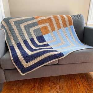 CROCHET BLANKET PATTERN - 4 Square Blanket | Moss Stitch Square Blanket | Colour Blocks and Stripes | Crochet in the Round | 8 Sizes | Pdf