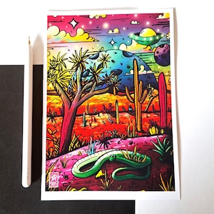 Regenbogen Wüste A4/A5 Kunstdruck - Bunter Kaktus Wandkunst - Surrealistische Wüsten Dekoration - Visionäre Wandkunst
